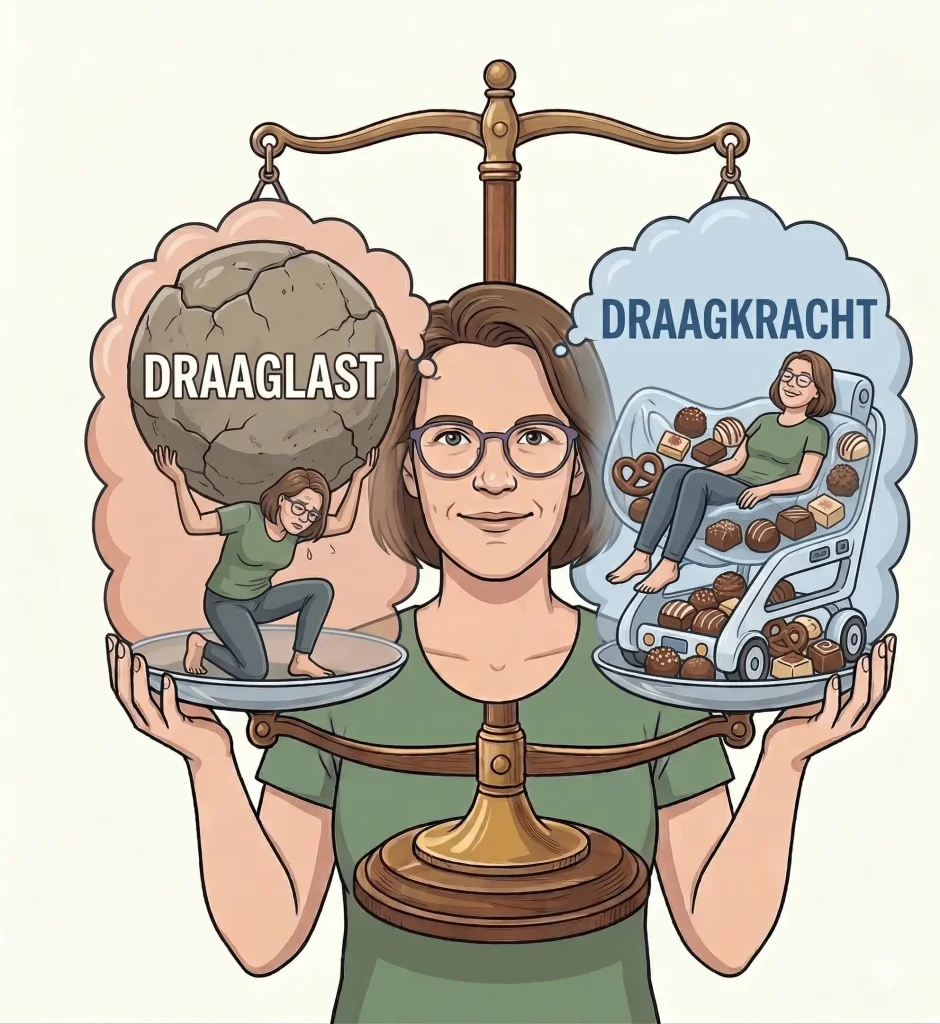 Het verschil tussen draaglast en draagkracht wordt getoond. Links draagt de mevrouw een steen zoals de mythische figuur Atlas, rechts zit ze in een relaxstoel, met allemaal chocola